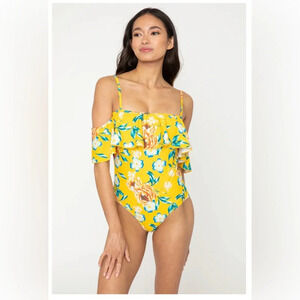 Marina West F1810-Bramble Yellow off shoulders one piece swim suit floral SZ XL